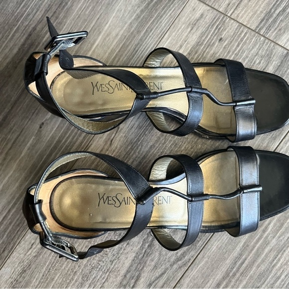 Yves Saint Laurent Italy YSL Black leather Strappy Sandals vintage block heel 7 - Picture 12 of 14
